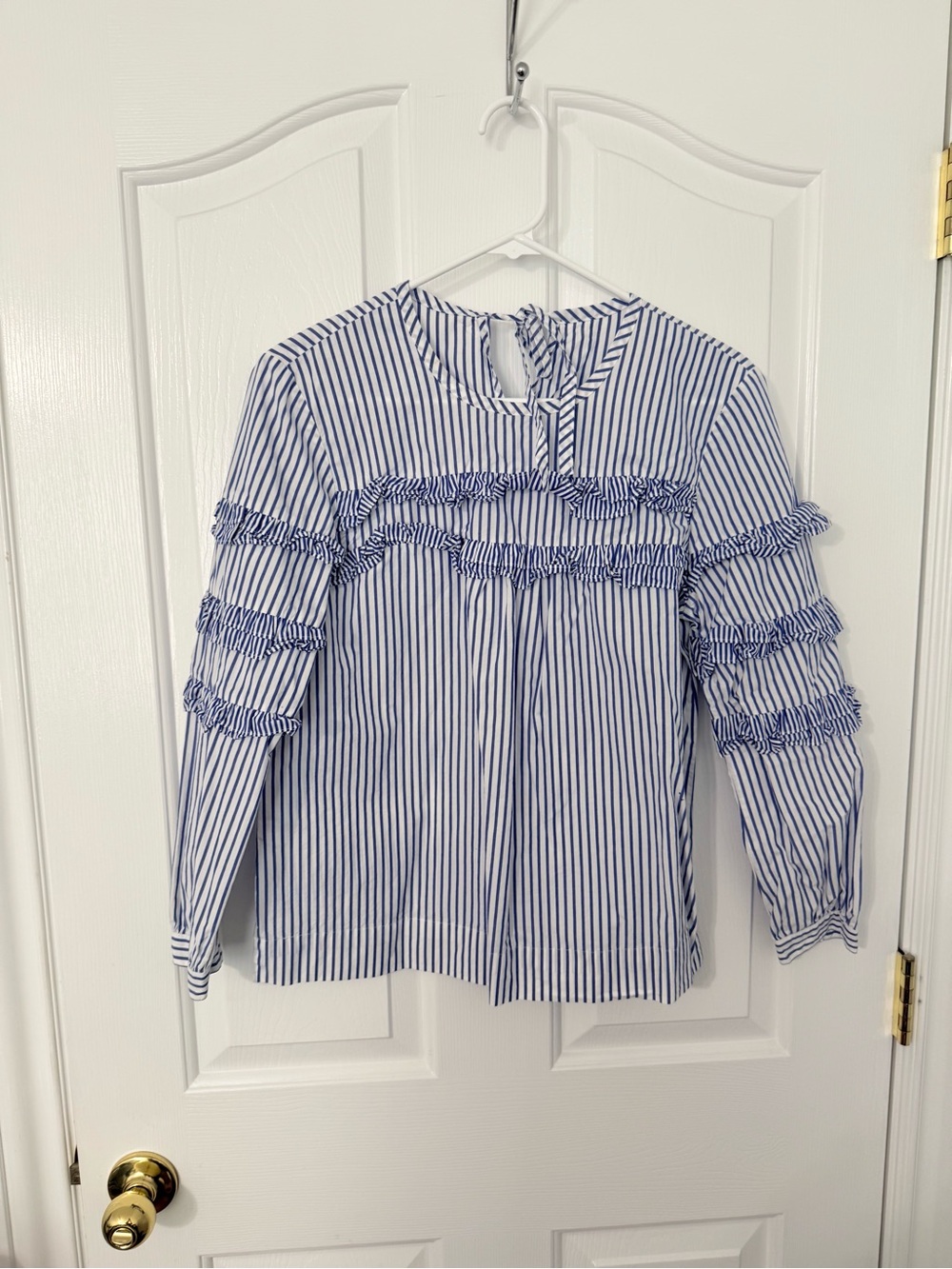JCrew Blue and White Striped Ruffle Sleeve Blouse